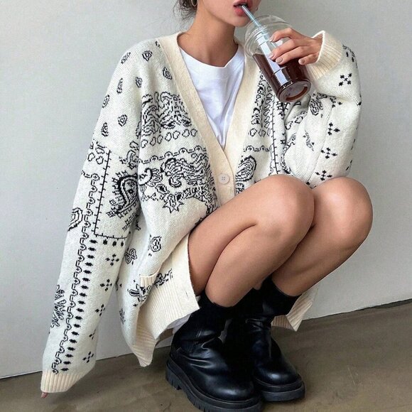 Sweaters - Beige Casual Women's Paisley Pattern Drop Shoulder button down Cardigan